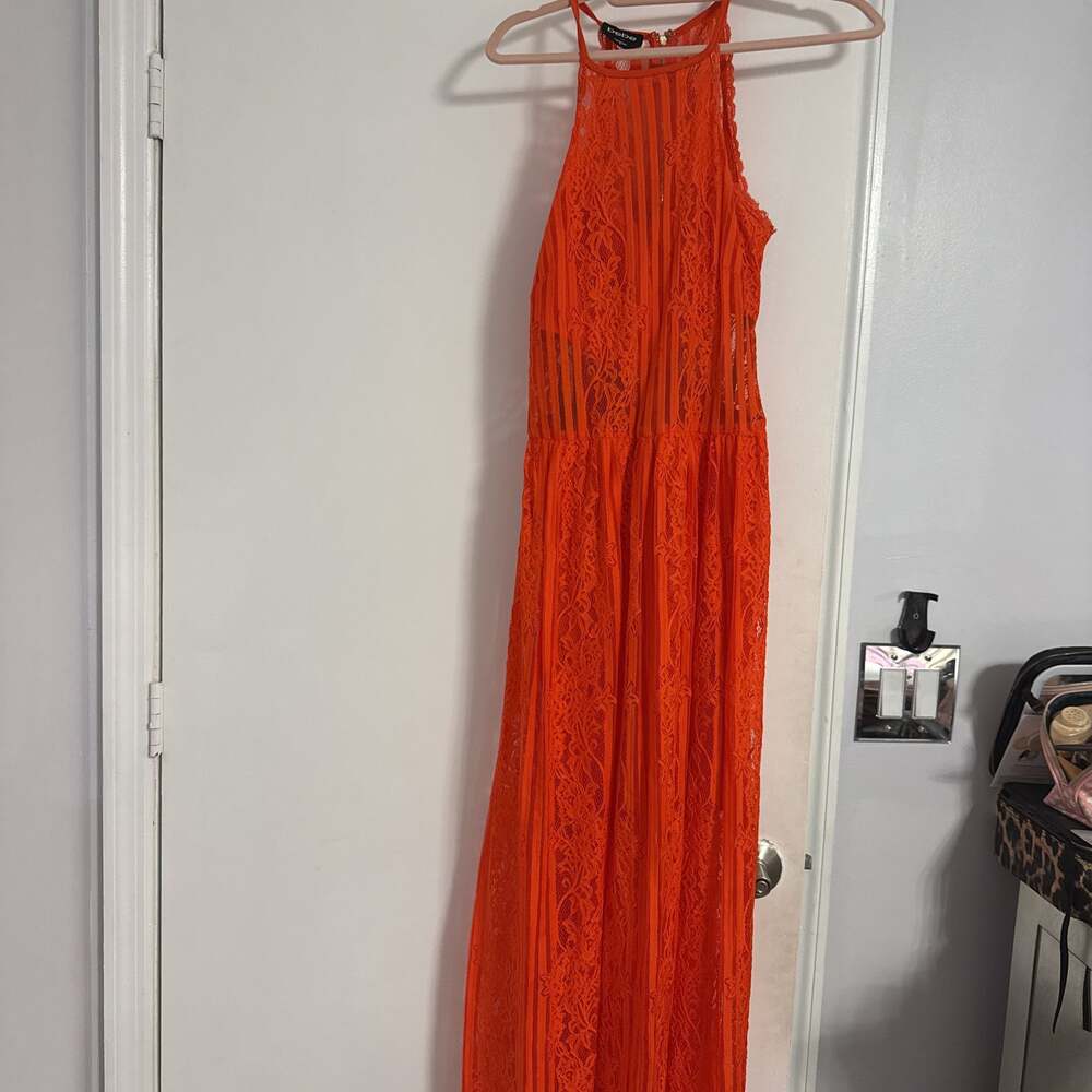 Bebe Like Honey Lace Mini Dress in Coral Orange